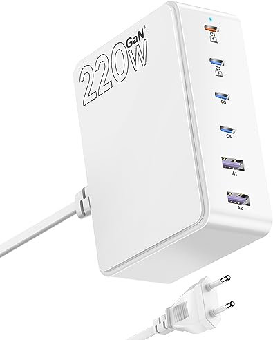 USB C Ladegerät, slitinto 220W USB C Netzteil, USB Ladegerät Mehrfach mit 4 USB-C und 2 USB-A, Laptop-Schnellladegerät mit Basis-Ladestation, USB Charger für MacBook, i Phone, i Pad, Galaxy, etc