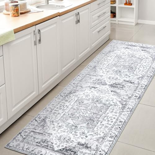 XSIVOD Runner Rugs for Hallway, Grey Washable Rugs for Entryway Kitchen Runner, Soft Vintage Area Rugs for Bedroom Living Room Rug, Non Slip Floor Accent Carpet for Home Deocor, 60 x 180 cm