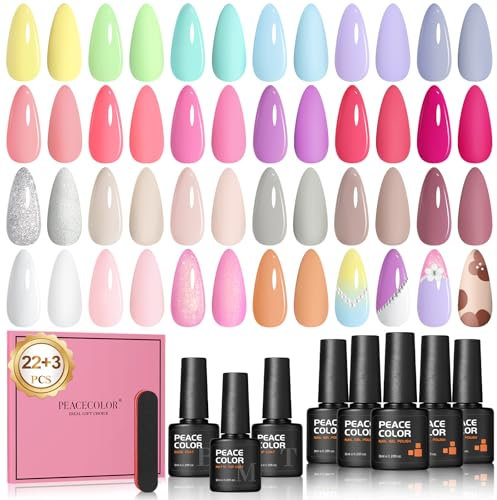 PEACECOLOR Gel Nail Polish-25Pcs 8ML Soak Off Gel Polish Set Pink Green Yellow, Nail Kit with Glossy Matte Top Coat, Colorful Nail Polish Set for Beginner
