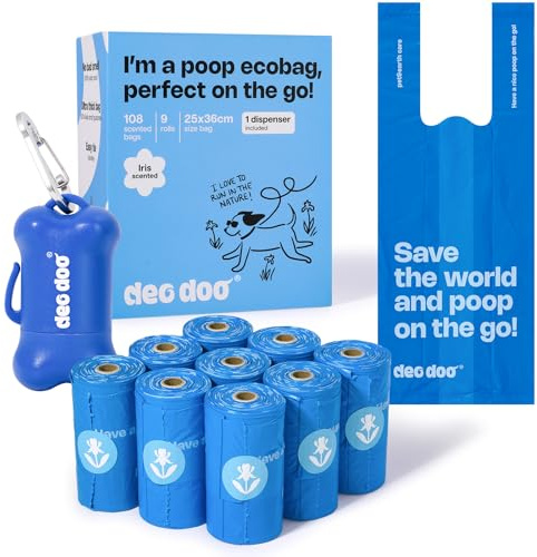 Deo Doo Dog Poop Bags with Handles 9 Rolls 108 Counts Big Sizes Leak Proof and Extra Thick Waste Bags Refill Rolls for Walking Small Medium Large Dogs Cats Litter With Holder Iris Scented