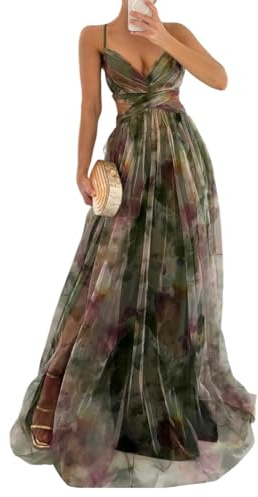 shownicer Vestito Donna Elegante Abito Cerimonia Vestito Lungo Estivi Scollo a V Senza Maniche Vestiti Stampa Floreale A Verde XL