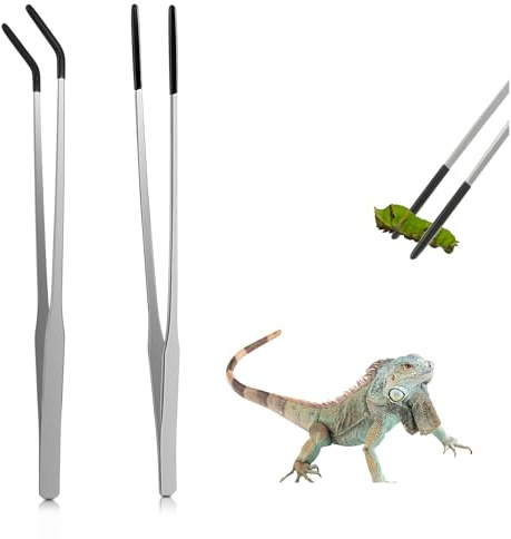 2 Pcs Long Handle Reptile Feeding Tongs,Heavy Duty Long Tweezers Rubber Tipped Aquarium Tweezers Straight and Curved Extra Tweezer Reptile Tong Aquarium Tongs Terrarium Feeder Tools for Tank