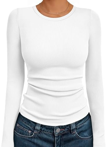 Suncife Women Long Sleeve Casual Ribbed T-Shirts Top Crewneck Knit Slim Fit Rib Tunic Tshirt (White,XL)