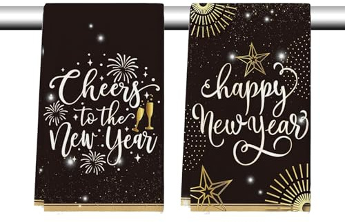 Felice anno nuovo 2026 decorazioni strofinacci, 2 x 40 x 60 cm, stelle fuochi d'artificio applausi per Capodanno, asciugamani da cucina nero e oro, per Capodanno, cucina, bar, decorazioni da tavolo