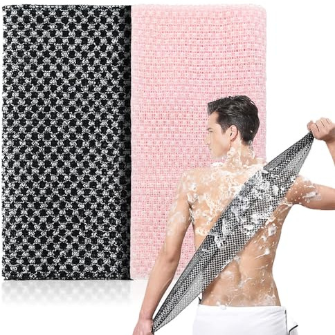 ANWEIXUE 2 Pcs Japanese Exfoliating Shower Towel - Antibacterial Treated Fabric,Multi - use for Scrubbing,Lathering and Dead Skin Removal,Suitable for Adults' Daily Use (Black+Pink)