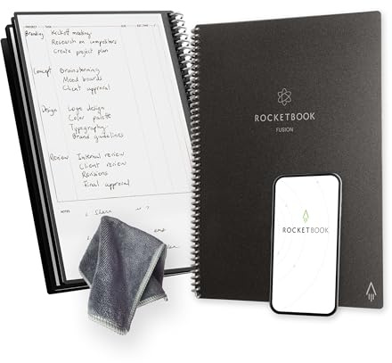 Rocketbook Fusion wiederverwendbarer, undatierter Produktivitätsplaner, Format 21 cm x 29,7 cm, Schwarz – Ziele, Monats- und Wochenkalender, tägliche To-do-Liste, linierte und gepunktete Seiten