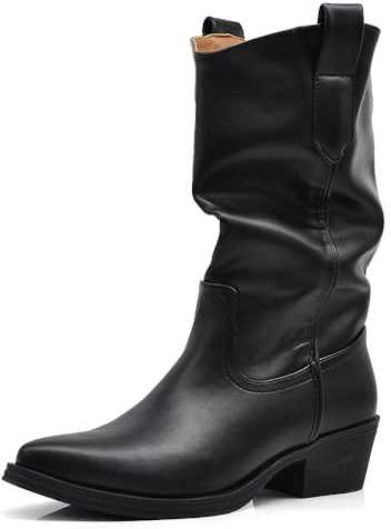 IF Stivali texani lisci da donna effetto morbido con pieghe naturali tacco medio a blocco casual chic MP2737-1 Nero N.39