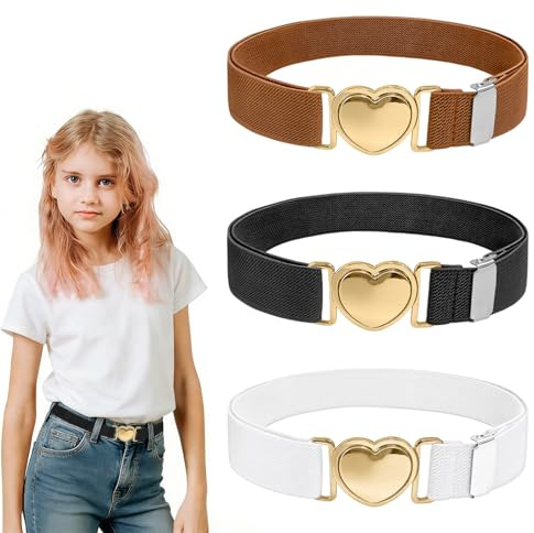 TAIVIN Lot de 3 Ceinture Fille Réglable-Fermoir Cœur Doré-Facile à Attacher-Pour Uniforme Scolaire & Quotidien (Noir, blanc, marron)