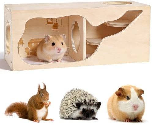 Nascondiglio per criceti, casetta in legno, criceti, tunnel e labirinto di criceto multicamera, accessori e giocattoli magnetici per criceti nani, criceti siriani e piccoli animali
