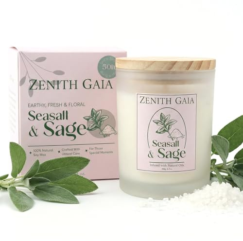 Zenith Gaia Candela profumata sale marino e salvia – Colata a mano in cera di soia naturale con coperchio in legno – Profumo fresco e rilassante – Candela aromatica vegana in vetro, 180 g, idea regalo