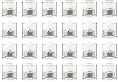 NUPTIO Set of 24 Clear Glass Tealight Holders, Votive Holders for Christmas Table Decorations, Tea Light Candle Holder, 4.6cm W x 4cm H, for Weddings Party Halloween Spa Reiki Meditation