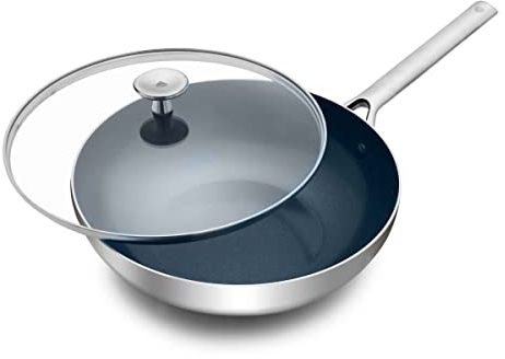 Blue Diamond Triple Steel Edelstahl Keramik Antihaft 28 cm Wokpfanne mit Deckel, Tri-Ply, PFAS-frei, Mehrschichtig, Induktion, Spülmaschinenfest, Backofenfest, Silber