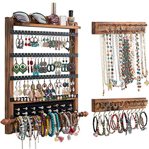 QILICHZ 3Pcs Jewelry Organizers and Storage,Wood Earring Organizer,Hanging Jewelry Organizer,Rustic Wall Jewellery Organizer,Wall Mounted Earring Holder for Storage Display Gift (Brown+Black)