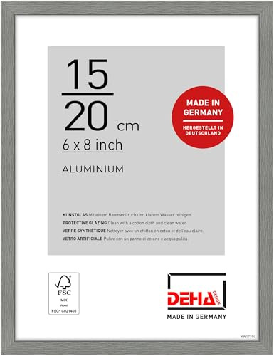 DEHA Design Bilderrahmen, 15 x 20 cm, Aluminium, Grau matt, Fotorahmen zum Auftstellen im Hoch- & Querformat, bruchsicheres Kunstglas, Tribeca