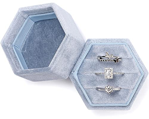 WantGor Velvet Jewelry Ring Box, 3 Slots Hexagon Ring Gift Box Vintage Ring Display Holder Case for Wedding Ceremony Proposal Engagement (Blue)