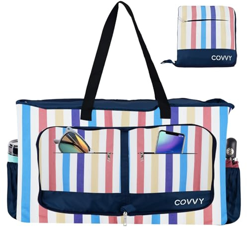 COVVY Beach Bag, Extra Large Women Tote Bag with Zipper Closure, Waterproof Phone Case, Bottle Opener, Multiple Pockets, Water Resistant Sandproof Foldable Lightweight Shoulder Bag for