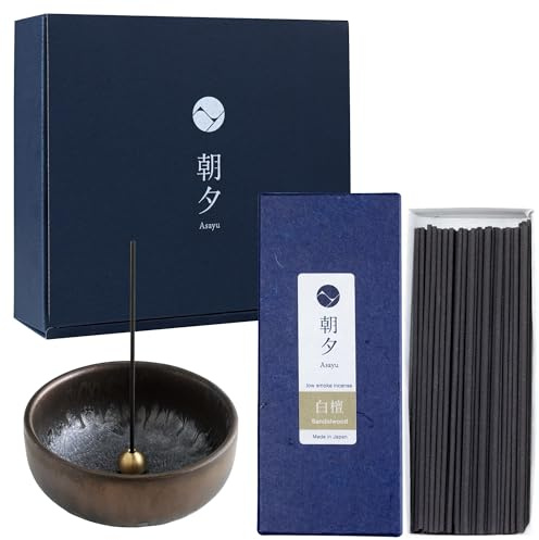 Asayu Japan Set Regalo Bastoncini di Sandalo e Portaincenso in Ceramica con Supporto in Ottone - Bastoncini di Incenso di Basso Fumo + Portaincenso Zen Tradizionale Gift Set