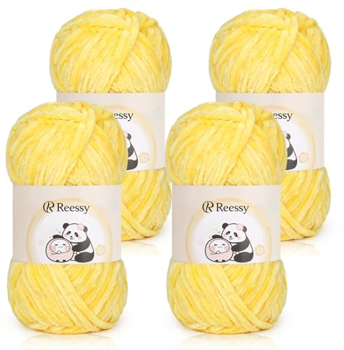 Reessy Chenille Yarn 400g, Super Soft Chunky Wool for Knitting-Yellow | Thick Velvet Chenille Wool for Knitting 100g balls, Chunky Crochet Yarn for Crochet Blanket, Amigurumi, Handbag, DIY Crafts