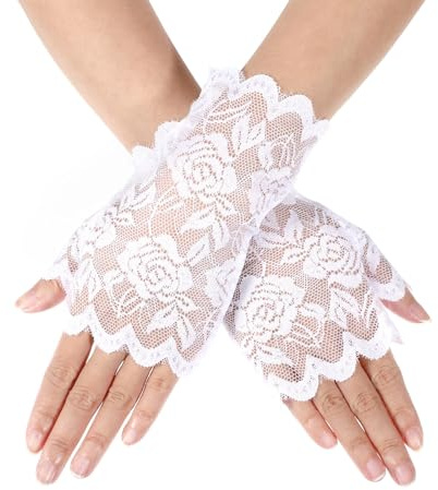 Yolev Lace Fingerless Gloves Elegant Short Lace Gloves for Tea Party Bridal Prom Wedding Dinner Party Funeral Cosplay Halloween(White)