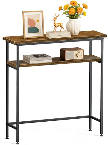 VOUNOT® Mesa Consola Estrecha 2 Niveles 80x24x80cm Mesa Auxiliar Entrada con 2 Estantes Metal y MDF Mesita Exposición Extremo de Sofá Diseño Industrial para Recibidor Salón Pasillo Dormitorio Marrón