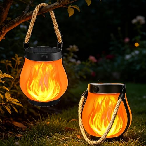 YOUYIKE Lanterne Solaire Exterieur, Flamme Lumières LED Nomade Suspendue Rechargeable Etanche Eclairage Jardin Solaire pour Deco Halloween Exterieur Camping (2pcs)
