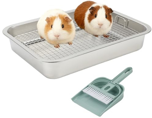 FHTONGE Stainless Steel Guinea Pig Litter Box for Cage, Stainless Steel Litter Pan for Rabbit Rat Hedgehog Hamster Ferret, Rectangular Chinchilla Metal Tray Small Animal Toilet Trainer with Grid