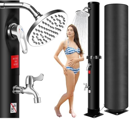 Doccia Solare 40 L, Doccia Solare da Giardino con Copertura Protettiva, Altezza 216 cm, Miscelatore Acqua Calda Fredda, Soffione 360°, Rubinetto Lavapiedi, per Piscina e Patio
