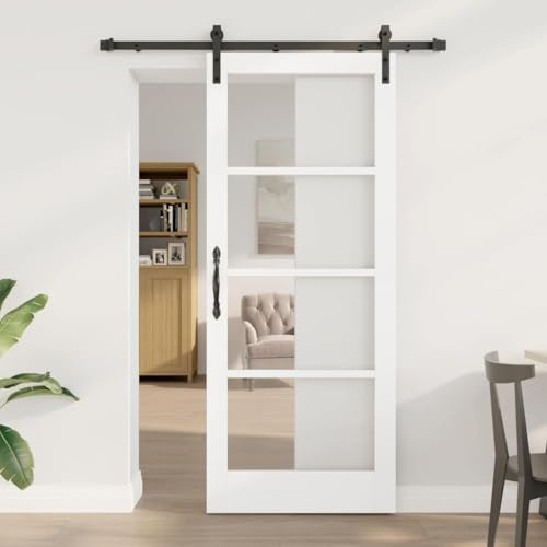 Augerlite Skjutdörr ORKDAL vit, massivt trä, furu och glas, 83 x 202 cm, skjutdörr med skena och hjul, tyst smidig glidning för vardagsrum och sovrum