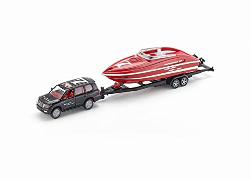 siku 2543, PKW mit Motorboot, 1:55, Metall/Kunststoff, Schwarz/Rot, Schwimmfähiges Spielzeugboot