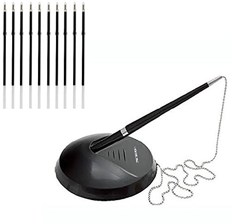 Hochwertiges Schreibtisch-Set mit Kette und Ständer – schwarzer Thekenstift, 10 gratis Nachfüllminen (1 Stift + 10 Ersatzminen)