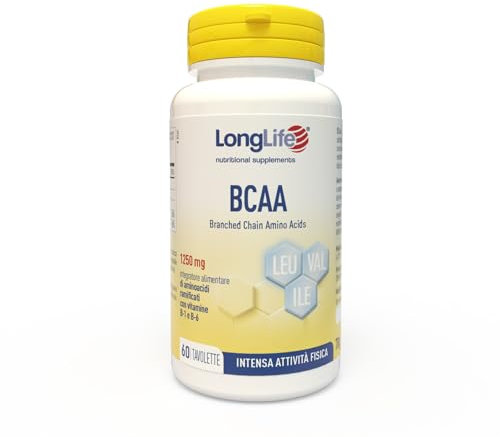 LongLife® BCAA | Aminoacidi ramificati L-leucina, L-isoleucina e L-valina | Con vitamine B1 e B6 | Energia e supporto muscolare | 60 tavolette | Vegano e senza glutine
