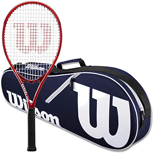 Wilson Federer Pro Staff Precision XL 110 Gloss Red Tennis Racquet in Grip Size 4 3/8 Bundled with a Navy Advantage 2.5 Tennis Bag (Incredible Feel and Control)
