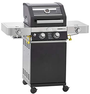RÖSLE Unité de barbecue à gaz VIDERO G2-S noir, 30 mbar, gril avec 2 brûleurs en acier inoxydable, zone extra-prime et brûleur latéral, tablettes latérales rabattables, VARIO+