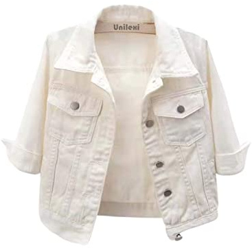 Unilexi Women's 3/4 Sleeve Colored Cropped Denim Jacket Light Wash Short Jean Jacket Trucker Coat(0096-White-XL)