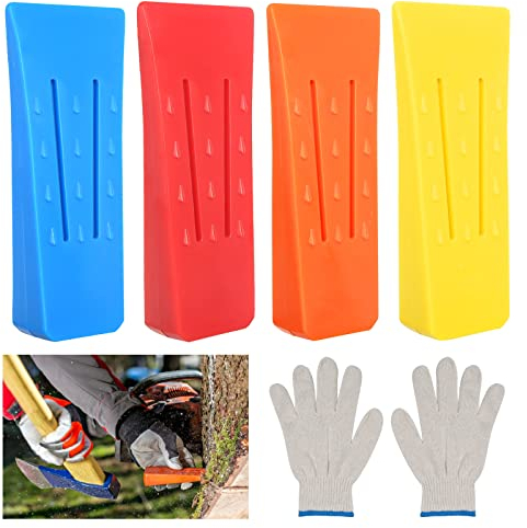 xnnmzhao Fällkeil Kunststoff, 4 Stück Forstkeil Baumkeile ABS Schlagfest, Kettensägen Fällkeil Set Passende Handschuhe Baum Fällkeil für Kettensäge Kettensägen Fällkeil Set