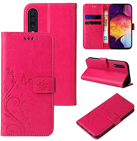LBH Handy Hülle für Samsung Galaxy A50 Case Handytasche Schmetterling Blumen Flower Standfunktion Schutzhülle Magnet Rundum Schutz 360 Grad Flipcase Cover Pink