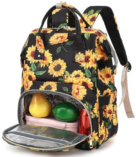 Fuyicat isolerad lunch laptop ryggsäck ryggsäck för kvinnor, flickor skolryggsäck högskola bokväskor picknick kylryggsäck, Solros, Large, Reseryggsäck