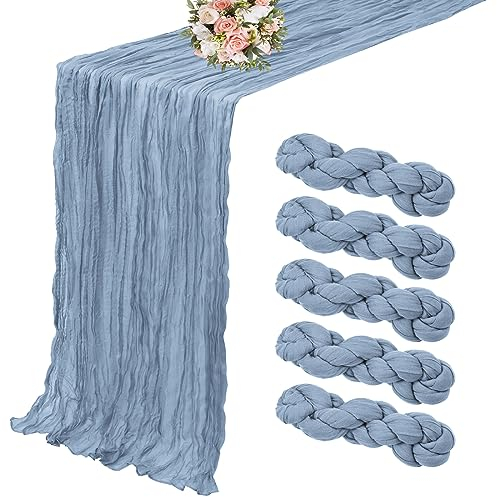 Lot de 5 chemins de Table en étamine Bleu poussiéreux Chemin de Table 10 Pieds chemins de Table en Gaze Rustique pour décoration de Table de Mariage décoration de fête de Mariage (90 x 300 cm)
