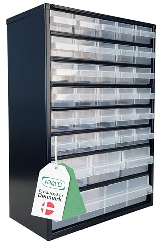 Raaco Casiers à Tiroirs C9-34, Cadre en Acier, 34 Tiroirs en Plastique, Charge 26 kg, 15 x 30,6 x 42 cm, Montable au Mur, pour Rangement Garage & Atelier, Rangement Visserie Atelier