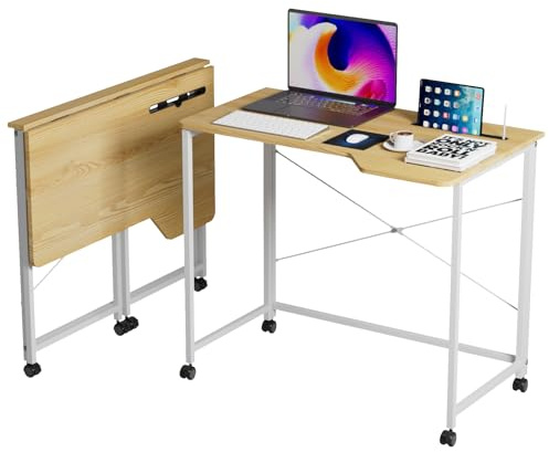 Klappbarer Schreibtisch, mobiler Computertisch mit 4 Rollen, Computer-Schreibtisch, zusammenklappbar, Sekretär, Arbeitsplatz für Computer Gaming (Holzfarbe)