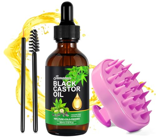 (Oil+Comb) Rizinusöl 60 ml und Kopfhaut-Massagegerät, reines Rizinusöl für Haare und Haarbürste Shampoo aus Silikon, stimuliert das Haarwachstum, Massage