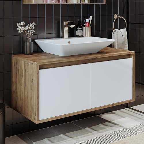 ROOMART • Mobili da bagno • Atlantic • Lavabo in ceramica con mobiletto sottostante 65 cm, 85 cm, 100 cm, • Bianco - Rovere • Antracite-Rovere • Bianco (Bianco-Rovere, 100 cm)