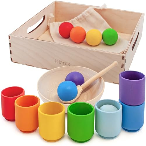 Ulanik Regenbogen Bälle in Tassen Kleinkinder Montessori Spielzeug ab 1 Jahr + Baby Sensorik Bälle Holzspiele zum Zählen und Sortieren Farben Lernen — 7 Kugeln