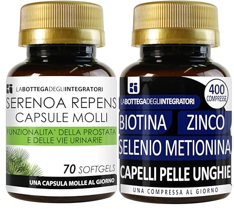 Set di Integratori Serenoa 70 Softgels + Biotina Zinco Selenio Metionina 400 Compresse | Capelli Pelle Unghie LA BOTTEGA DEGLI INTEGRATORI