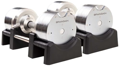 BRAINGAIN Haltères Réglables Set 23,5kg/32,5kg/41,5kg – Maintenant avec poignée Gen 4 de 34mm – Changez de poids en 1 sec – Équipement de gym maison gain de place – Plusieurs poids en un – Chrome/Noir