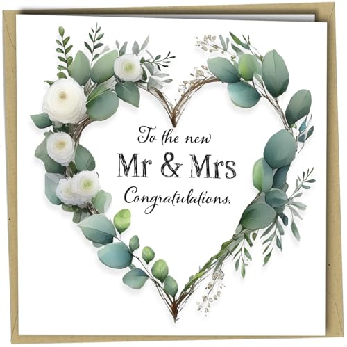 Oscar Finks Wedding Card 'Mr and Mrs' Eucalyptus Design for Couple Congratulations Elegant Floral Wedding Day Card for Bride and Groom Newlyweds #1685