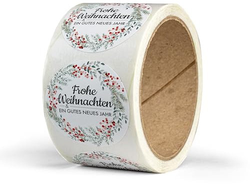 Weihnachtssticker als Geschenkaufkleber – 50 Aufkleber Weihnachten – rund, Ø 5 cm – Weihnachtsetiketten selbstklebend – Sticker Set zur Deko Weihnachten - FROHE WEIHNACHTEN - KRANZ GRÜN-ROT