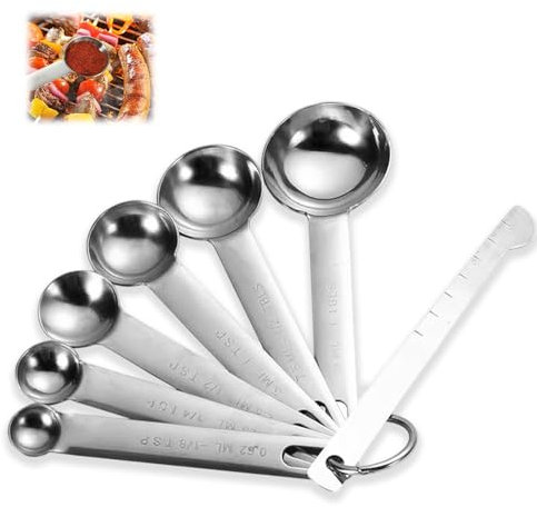 7 Pcs Measuring Spoons Sets, Stainless Steel Teaspoons Measure Scoop, with Metric and UK Measurements, Kitchen Utensils for Baking Cooking Measurements