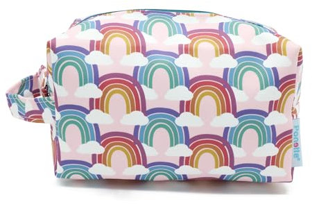 PONETTE - Neceser Infantil en Tejido Rosa Bebé con Divertido Estampado de Arcoíris Multicolor y Nubes, Niño, Niña, Viaje, Estuche, Bolsa, Piscina, Colegio, Campamento, Marca Española