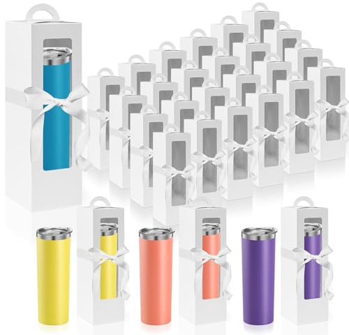 36 Pcs Tumbler Gift Boxes for Sublimation, Blank Gift Box Bulk with Ribbon, Packaging Boxes with Clear Window, Transparent Glass Exhibition Box for 12oz, 20oz, 30oz Shipping Cup Tumbler Gift (White)